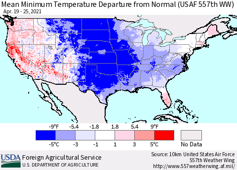 United States Mean Minimum Temperature Departure from Normal (USAF 557th WW) Thematic Map For 4/19/2021 - 4/25/2021