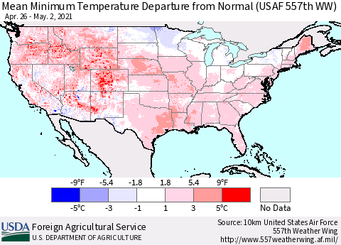 United States Minimum Temperature Departure From Normal (USAF 557th WW) Thematic Map For 4/26/2021 - 5/2/2021