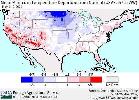 United States Minimum Temperature Departure From Normal (USAF 557th WW) Thematic Map For 5/3/2021 - 5/9/2021