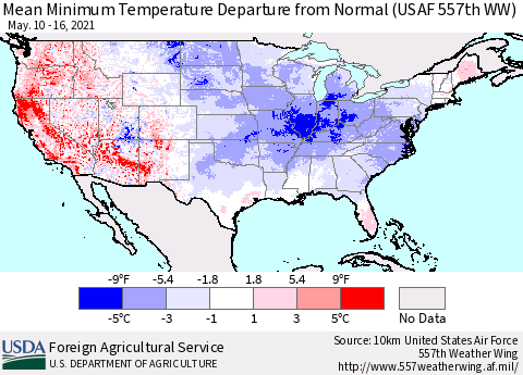 United States Mean Minimum Temperature Departure from Normal (USAF 557th WW) Thematic Map For 5/10/2021 - 5/16/2021