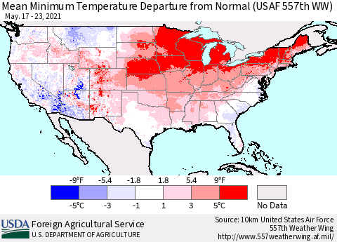 United States Mean Minimum Temperature Departure from Normal (USAF 557th WW) Thematic Map For 5/17/2021 - 5/23/2021