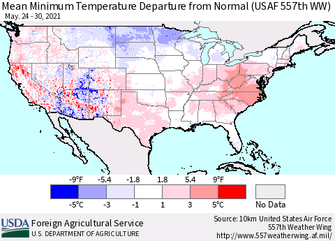 United States Mean Minimum Temperature Departure from Normal (USAF 557th WW) Thematic Map For 5/24/2021 - 5/30/2021