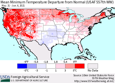 United States Mean Minimum Temperature Departure from Normal (USAF 557th WW) Thematic Map For 5/31/2021 - 6/6/2021