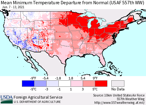 United States Mean Minimum Temperature Departure from Normal (USAF 557th WW) Thematic Map For 6/7/2021 - 6/13/2021