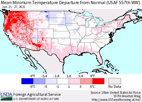 United States Mean Minimum Temperature Departure from Normal (USAF 557th WW) Thematic Map For 6/21/2021 - 6/27/2021