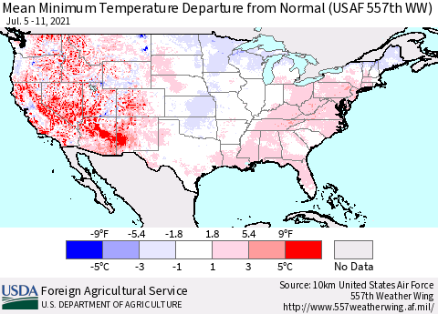 United States Minimum Temperature Departure From Normal (USAF 557th WW) Thematic Map For 7/5/2021 - 7/11/2021