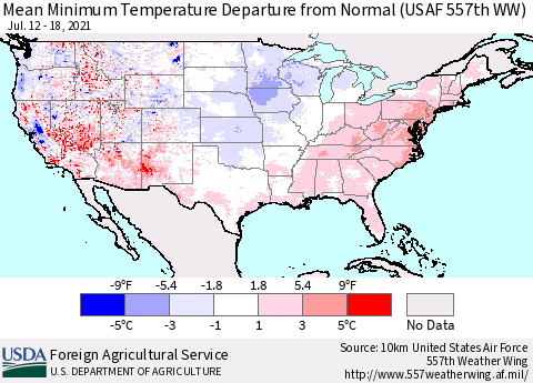 United States Minimum Temperature Departure From Normal (USAF 557th WW) Thematic Map For 7/12/2021 - 7/18/2021