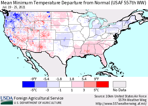 United States Mean Minimum Temperature Departure from Normal (USAF 557th WW) Thematic Map For 7/19/2021 - 7/25/2021