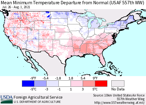 United States Mean Minimum Temperature Departure from Normal (USAF 557th WW) Thematic Map For 7/26/2021 - 8/1/2021
