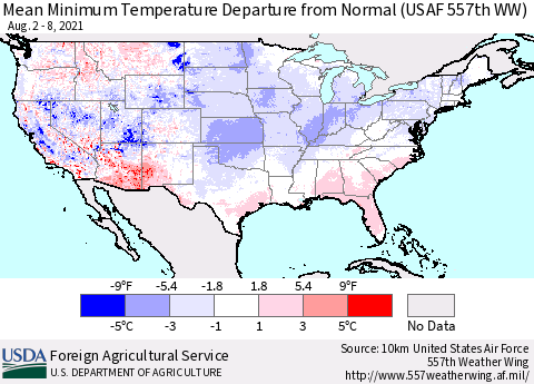 United States Mean Minimum Temperature Departure from Normal (USAF 557th WW) Thematic Map For 8/2/2021 - 8/8/2021