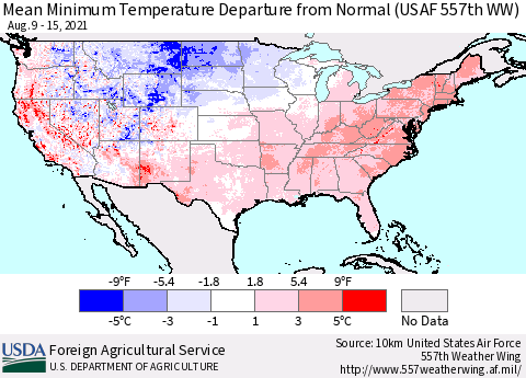 United States Mean Minimum Temperature Departure from Normal (USAF 557th WW) Thematic Map For 8/9/2021 - 8/15/2021
