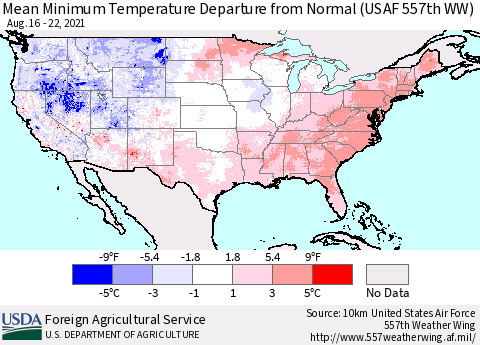 United States Minimum Temperature Departure From Normal (USAF 557th WW) Thematic Map For 8/16/2021 - 8/22/2021