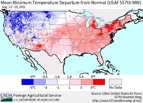 United States Minimum Temperature Departure From Normal (USAF 557th WW) Thematic Map For 8/23/2021 - 8/29/2021
