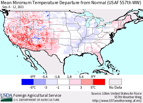 United States Mean Minimum Temperature Departure from Normal (USAF 557th WW) Thematic Map For 9/6/2021 - 9/12/2021