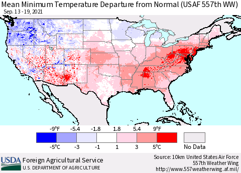United States Minimum Temperature Departure From Normal (USAF 557th WW) Thematic Map For 9/13/2021 - 9/19/2021
