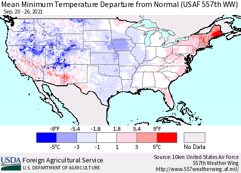 United States Mean Minimum Temperature Departure from Normal (USAF 557th WW) Thematic Map For 9/20/2021 - 9/26/2021