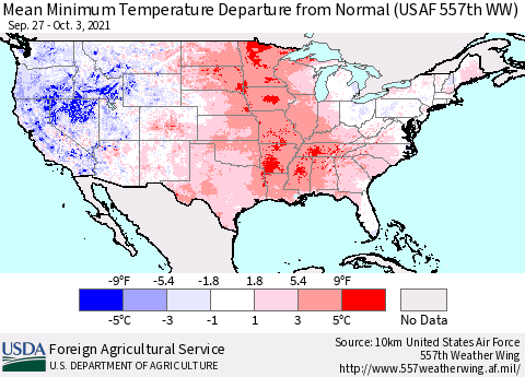 United States Minimum Temperature Departure From Normal (USAF 557th WW) Thematic Map For 9/27/2021 - 10/3/2021