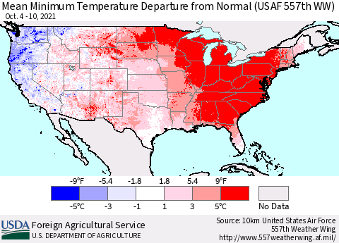 United States Minimum Temperature Departure From Normal (USAF 557th WW) Thematic Map For 10/4/2021 - 10/10/2021