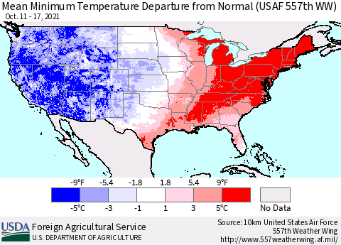United States Minimum Temperature Departure From Normal (USAF 557th WW) Thematic Map For 10/11/2021 - 10/17/2021