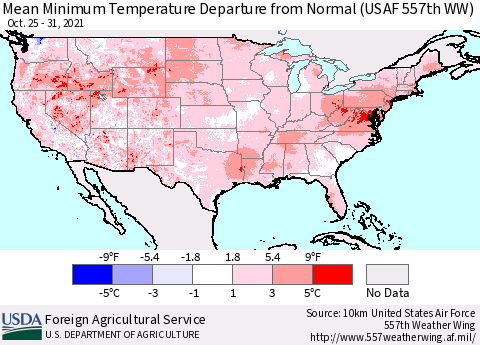 United States Minimum Temperature Departure From Normal (USAF 557th WW) Thematic Map For 10/25/2021 - 10/31/2021