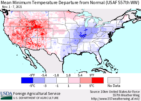 United States Mean Minimum Temperature Departure from Normal (USAF 557th WW) Thematic Map For 11/1/2021 - 11/7/2021