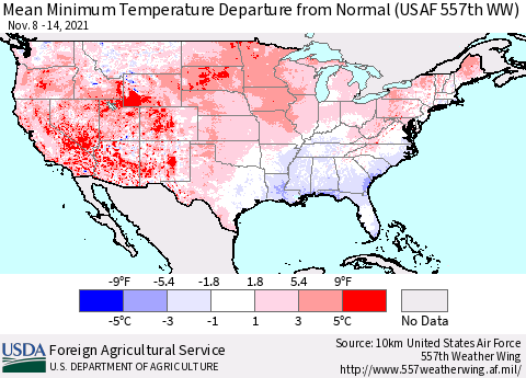 United States Minimum Temperature Departure From Normal (USAF 557th WW) Thematic Map For 11/8/2021 - 11/14/2021
