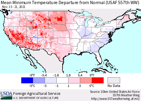 United States Mean Minimum Temperature Departure from Normal (USAF 557th WW) Thematic Map For 11/15/2021 - 11/21/2021
