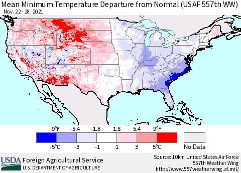 United States Mean Minimum Temperature Departure from Normal (USAF 557th WW) Thematic Map For 11/22/2021 - 11/28/2021