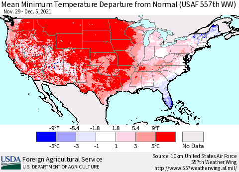United States Mean Minimum Temperature Departure from Normal (USAF 557th WW) Thematic Map For 11/29/2021 - 12/5/2021