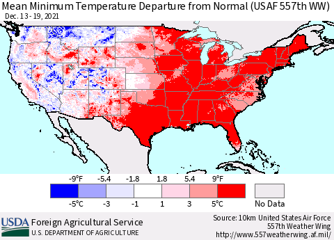 United States Mean Minimum Temperature Departure from Normal (USAF 557th WW) Thematic Map For 12/13/2021 - 12/19/2021