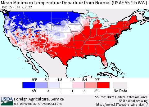 United States Mean Minimum Temperature Departure from Normal (USAF 557th WW) Thematic Map For 12/27/2021 - 1/2/2022