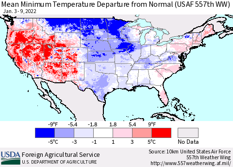 United States Mean Minimum Temperature Departure from Normal (USAF 557th WW) Thematic Map For 1/3/2022 - 1/9/2022