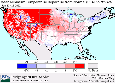 United States Mean Minimum Temperature Departure from Normal (USAF 557th WW) Thematic Map For 1/10/2022 - 1/16/2022