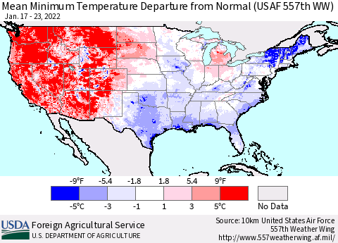 United States Mean Minimum Temperature Departure from Normal (USAF 557th WW) Thematic Map For 1/17/2022 - 1/23/2022