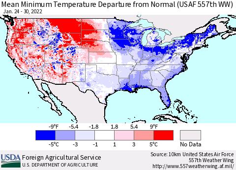 United States Mean Minimum Temperature Departure from Normal (USAF 557th WW) Thematic Map For 1/24/2022 - 1/30/2022