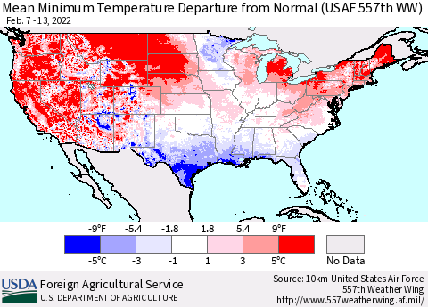 United States Mean Minimum Temperature Departure from Normal (USAF 557th WW) Thematic Map For 2/7/2022 - 2/13/2022