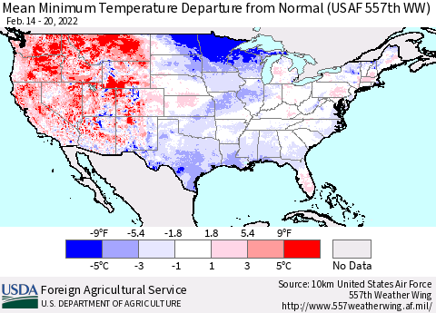 United States Mean Minimum Temperature Departure from Normal (USAF 557th WW) Thematic Map For 2/14/2022 - 2/20/2022