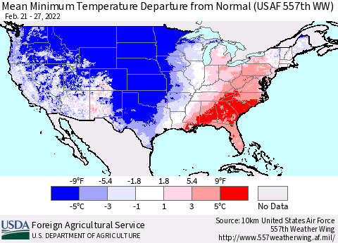 United States Minimum Temperature Departure From Normal (USAF 557th WW) Thematic Map For 2/21/2022 - 2/27/2022