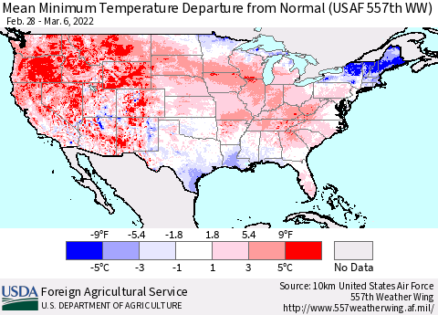 United States Mean Minimum Temperature Departure from Normal (USAF 557th WW) Thematic Map For 2/28/2022 - 3/6/2022