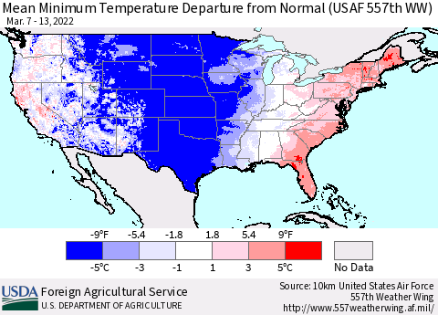 United States Mean Minimum Temperature Departure from Normal (USAF 557th WW) Thematic Map For 3/7/2022 - 3/13/2022
