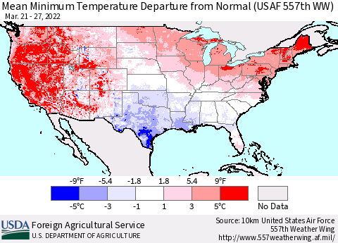 United States Minimum Temperature Departure From Normal (USAF 557th WW) Thematic Map For 3/21/2022 - 3/27/2022