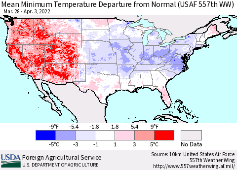 United States Mean Minimum Temperature Departure from Normal (USAF 557th WW) Thematic Map For 3/28/2022 - 4/3/2022