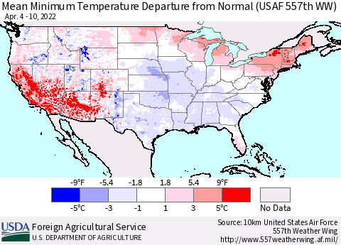 United States Mean Minimum Temperature Departure from Normal (USAF 557th WW) Thematic Map For 4/4/2022 - 4/10/2022