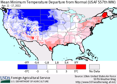 United States Mean Minimum Temperature Departure from Normal (USAF 557th WW) Thematic Map For 4/11/2022 - 4/17/2022