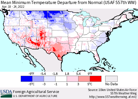 United States Minimum Temperature Departure From Normal (USAF 557th WW) Thematic Map For 4/18/2022 - 4/24/2022