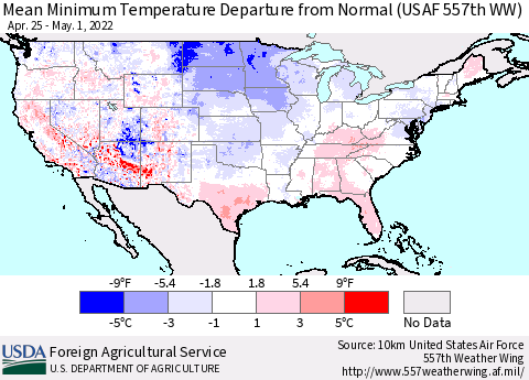 United States Mean Minimum Temperature Departure from Normal (USAF 557th WW) Thematic Map For 4/25/2022 - 5/1/2022