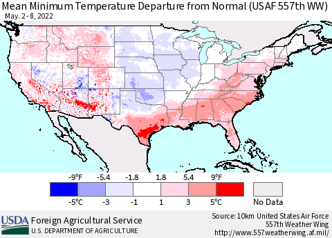 United States Minimum Temperature Departure From Normal (USAF 557th WW) Thematic Map For 5/2/2022 - 5/8/2022