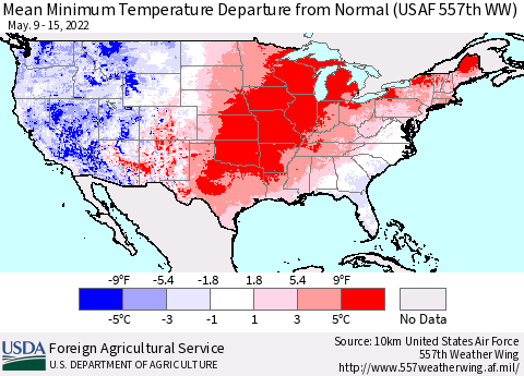 United States Minimum Temperature Departure From Normal (USAF 557th WW) Thematic Map For 5/9/2022 - 5/15/2022