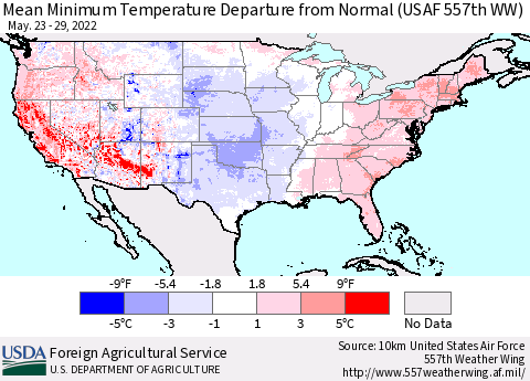 United States Mean Minimum Temperature Departure from Normal (USAF 557th WW) Thematic Map For 5/23/2022 - 5/29/2022