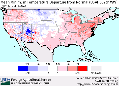 United States Minimum Temperature Departure From Normal (USAF 557th WW) Thematic Map For 5/30/2022 - 6/5/2022